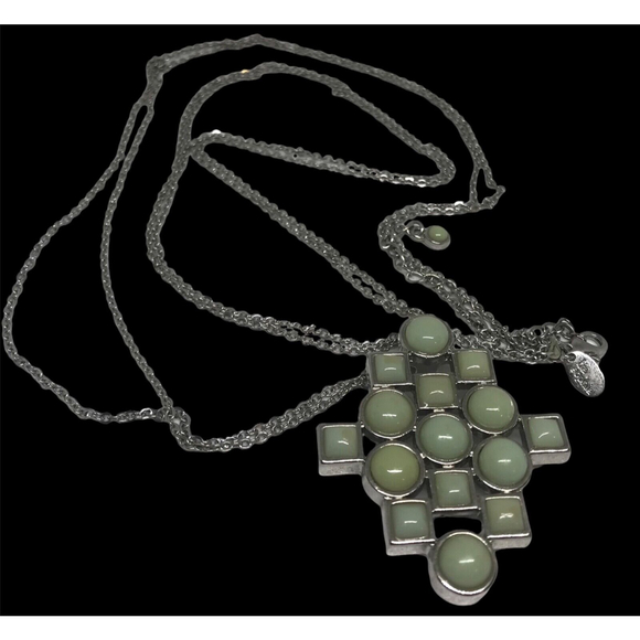 Lia Sophia 2" Light Green Pendant Silver Tone Double Chain Necklace 18"+ - Picture 1 of 4